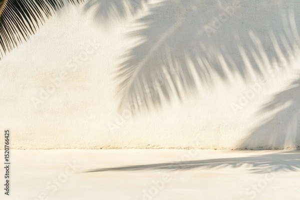 Fototapeta Palm frond shadows cast on a light beige wall and floor, creating a minimalist, tropical aesthetic