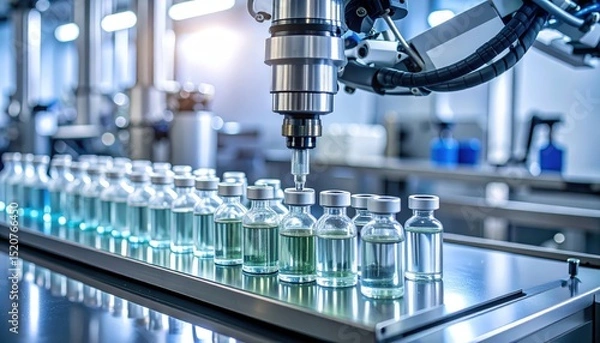Fototapeta Automated Pharmaceutical Production: Robotic Arm Filling Vials on Assembly Line
