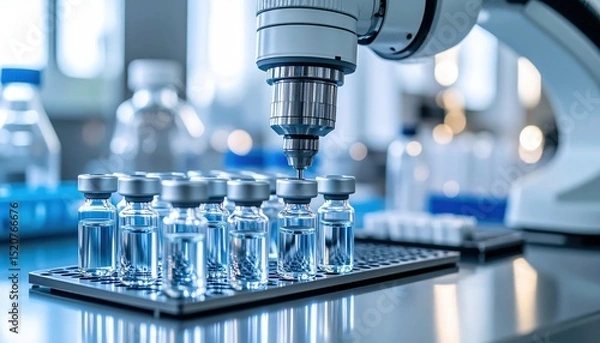 Fototapeta Automated Pharmaceutical Manufacturing: Robot Filling Vaccine Vials