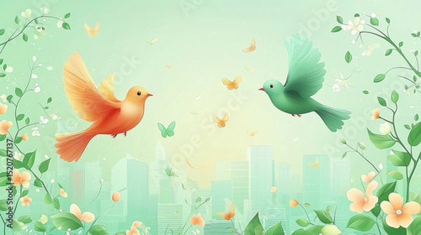 Fototapeta Pastel Cartoon Cityscape with Birds, Flowers and Leaves, Cute Vector Background for Children's Books, Web Design & Print Decor