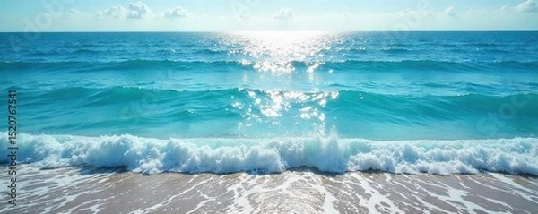 Obraz Vast expanse of blue ocean meeting the horizon, waves gently lapping the shore, sunlight reflecting on the water's surface, creating a serene and peaceful seascape , natural, peaceful, summer