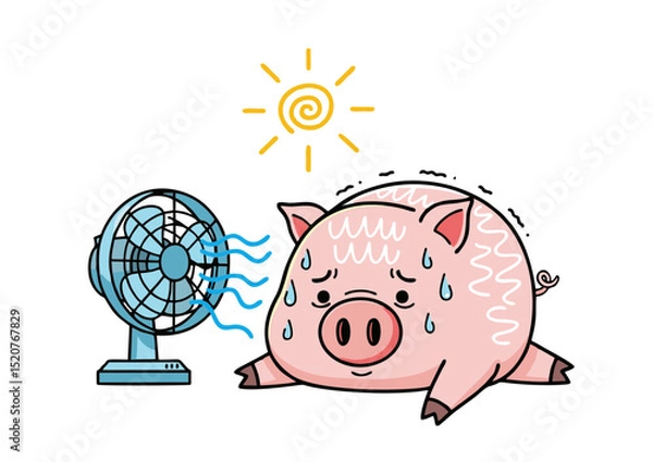 Obraz Sweaty Piglet Cooling Off with a Fan on a Hot Sunny Day Summer Heatwave Cartoon Illustration