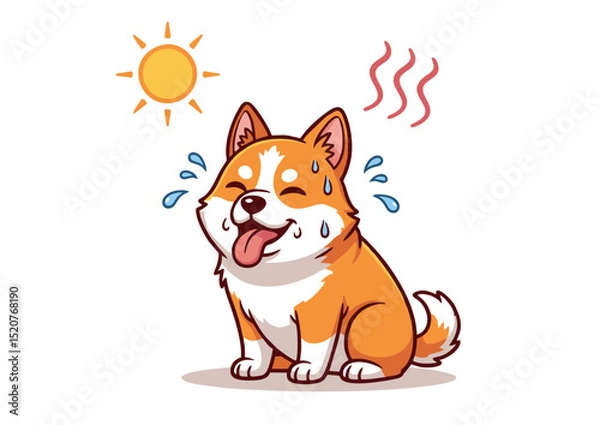 Obraz Adorable Corgi Cartoon Illustration Overheating in Summer Heat, Sweating and Panting