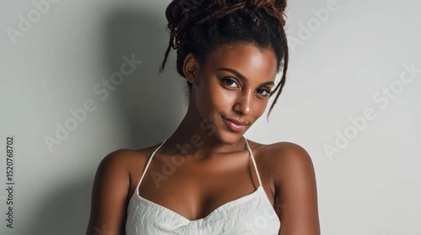 Fototapeta Capture a powerful yet serene portrait with a resolute gaze and gentle, uplifting smile that speaks of inner empowerment.