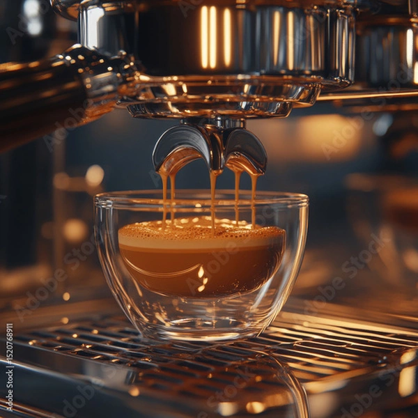 Fototapeta A realistic close-up photo of espresso being extracted from a machine, rich crema forming as dark liquid flows smoothly