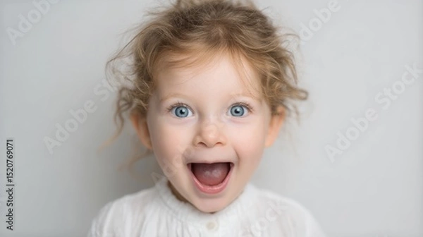 Fototapeta Capture a radiant portrait of a child with wide, sparkling eyes and a spontaneous smile that exudes excitement and curiosity.
