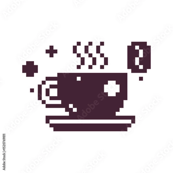 Fototapeta Coffee cup with steam, hot beverage, mug pixel art icon.  1-bit. Sticker design. Isolated vector illustration.
