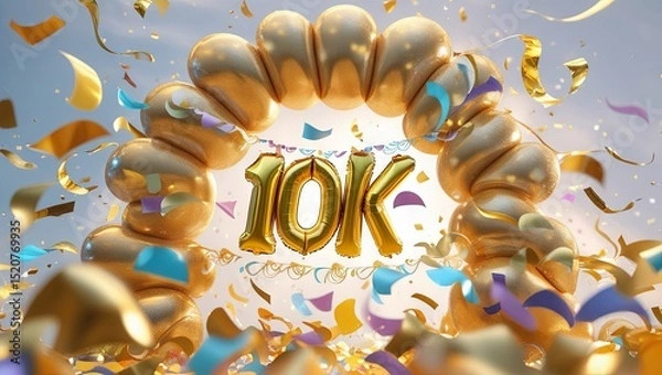 Obraz mark the milestone of reaching 10,000 subscribers with gleaming golden '10K' balloons and a burst of colorful confetti. A lively, festive banner brimming with joy and celebration