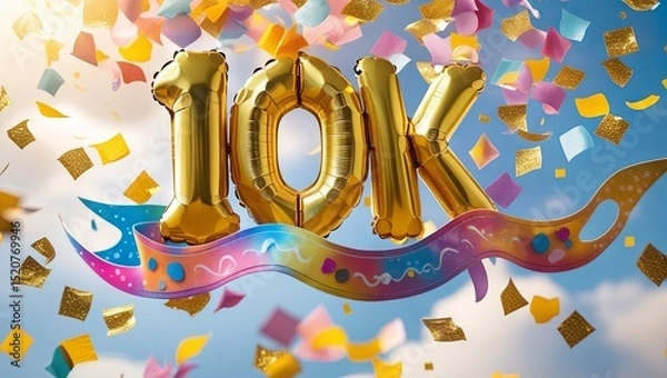 Obraz mark the milestone of reaching 10,000 subscribers with gleaming golden '10K' balloons and a burst of colorful confetti. A lively, festive banner brimming with joy and celebration