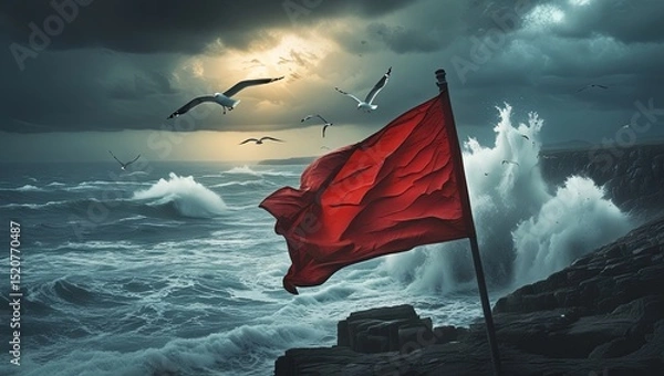 Obraz A red flag at the beach signals that the sea conditions are hazardous due to large, powerful waves