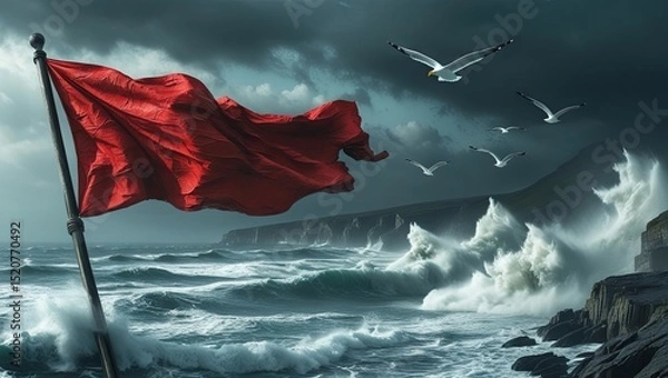 Obraz A red flag at the beach signals that the sea conditions are hazardous due to large, powerful waves