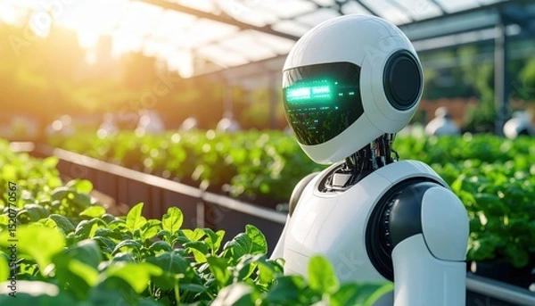 Fototapeta Agricultural Robot: AI Farming in Greenhouse