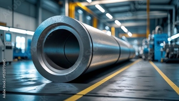 Obraz High-grade galvanized steel pipes arranged in rows inside a modern factory setting, reflecting durability, corrosion resistance, industrial production, and advanced manufacturing standards
