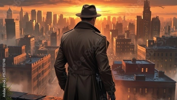 Obraz An illustration showing the back view of a detective standing against a cityscape at sunset, evoking mystery, investigation, and a noir atmosphere with warm glowing light and urban silhouettes