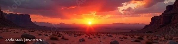Obraz Fiery sunset over a desert landscape, evoking the passionate and impulsive nature of the Aries zodiac sign The rugged terrain symbolizes strength and resilience , ram, resilience, landscape