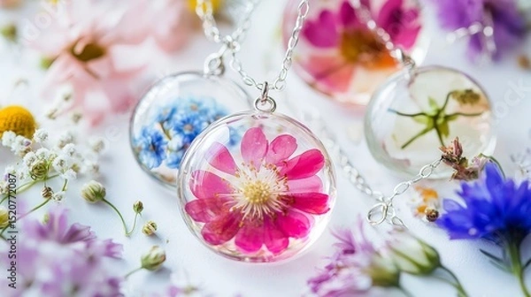 Obraz Make your own pretty jewelry! Use clear resin and real flowers to create unique earrings and necklaces at home. It's a fun DIY project!
