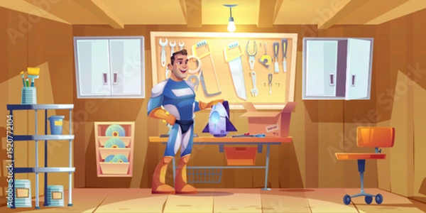 Fototapeta Cartoon superhero man builds rocket in garage workshop - smiling character wearing blue costume with yellow gloves holds turbo engine near tool wall. Hero mechanic works on jet propulsion device.