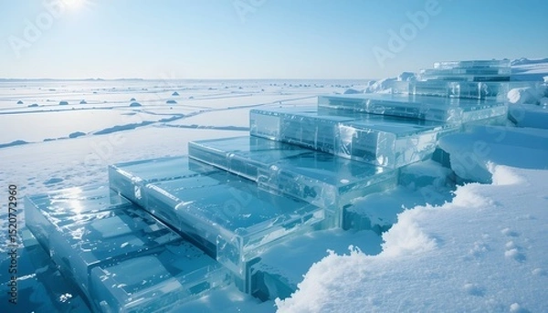 Fototapeta Blue Sky Reflection on Clear Ice Steps on a Snowy Platform