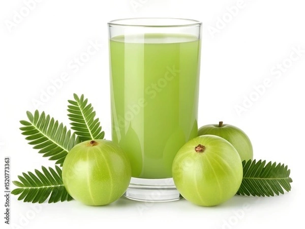 Obraz Fresh glass of amla juice with whole Indian gooseberries and green leaves isolated on white background