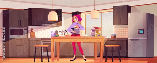 Fototapeta Cartoon woman cooking in modern kitchen - pink haired character holds pot at wooden table with dark cabinets, microwave, fridge, pendant lights and stools. Home interior scene for culinary content.