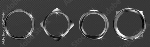 Fototapeta Silver metal ring frames collection on transparent background - chrome circular borders with shiny reflections and sparkle effects. Modern metallic round elements for badge display or interface design