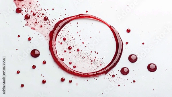 Obraz Red wine stain isolated on a white background, top view. Red wine ring and drops.