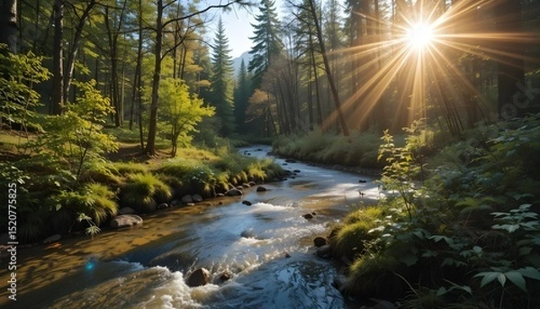 Fototapeta A clear stream meandering through a forest in the sun