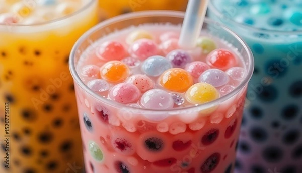 Fototapeta Colorful Bubble Tea with Tapioca Pearls in Close-up
