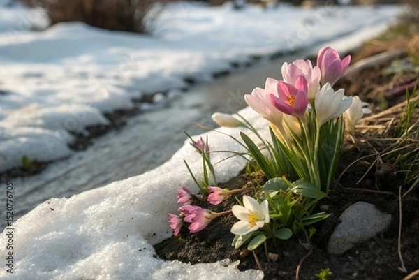 Obraz Spring crocuses emerging from melting snow