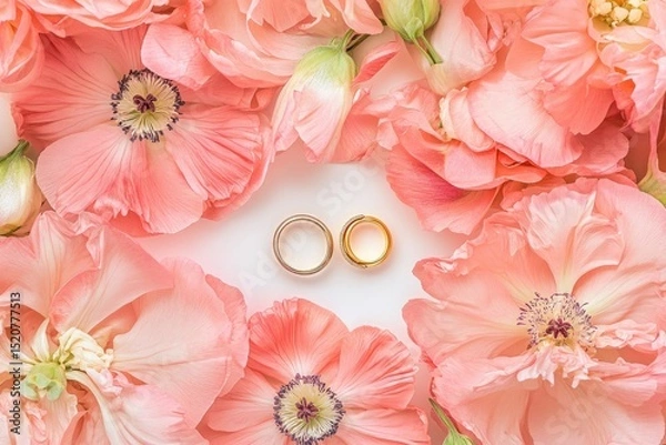 Fototapeta Two gold wedding bands rest on a white background, encircled by a wreath of delicate blush pink poppy blossoms