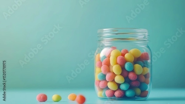 Fototapeta Colorful candies in jar on table on blue background