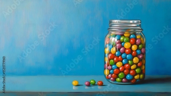Fototapeta Colorful candies in jar on table on blue background