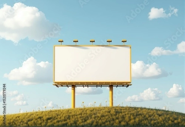 Fototapeta Blank Billboard on Grassy Hill Under Cloudy Sky
