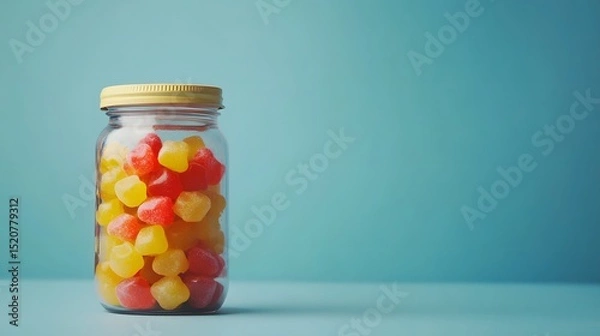 Fototapeta Colorful candies in jar on table on blue background