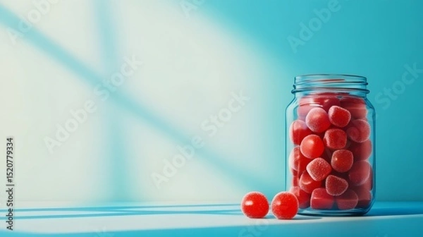 Fototapeta Colorful candies in jar on table on blue background