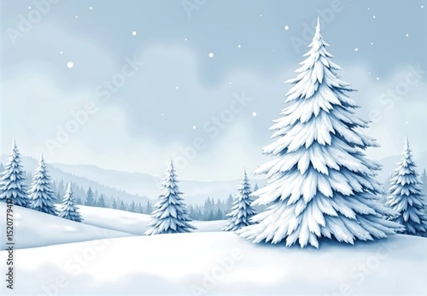 Fototapeta Digital Illustration of Snow-Covered Evergreen Trees in a Winter Landscape