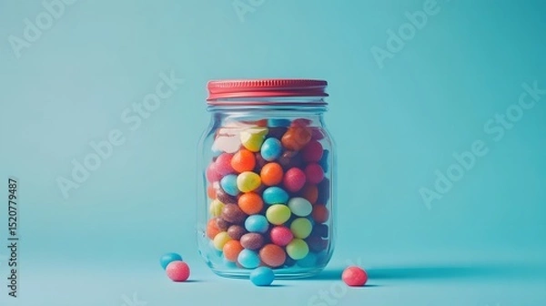 Fototapeta Colorful candies in jar on table on blue background