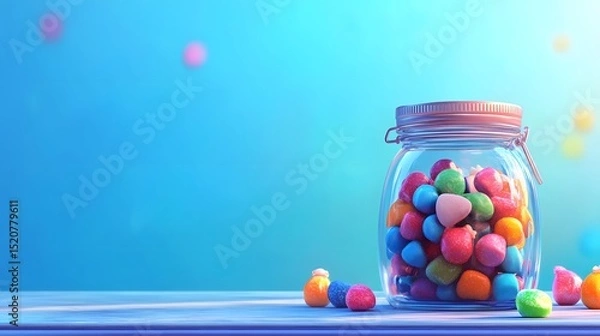 Fototapeta Colorful candies in jar on table on blue background