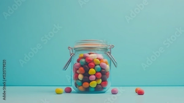 Fototapeta Colorful candies in jar on table on blue background