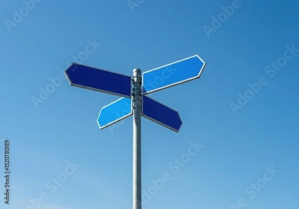 Fototapeta Crossroads of Choice: Four Blank Directional Signs Against a Clear Blue Sky, Representing Decisions, Strategy, and Navigating the Future Path, Isolated for Customizable Text and Symbolic Meaning