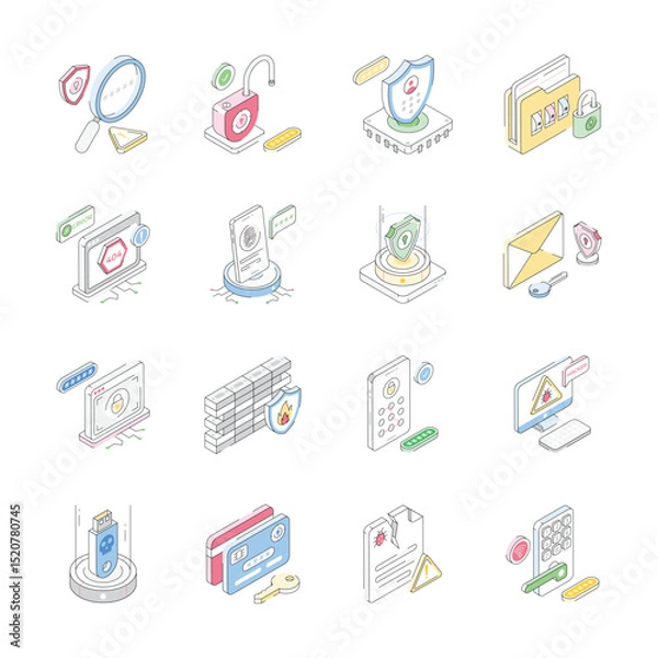 Fototapeta Visually engaging set showing cyber safety and attacks isometric icons