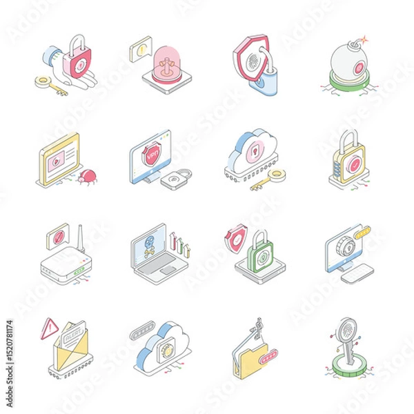 Fototapeta Handy bundle of isometric outline icons depicting cyber protection concepts