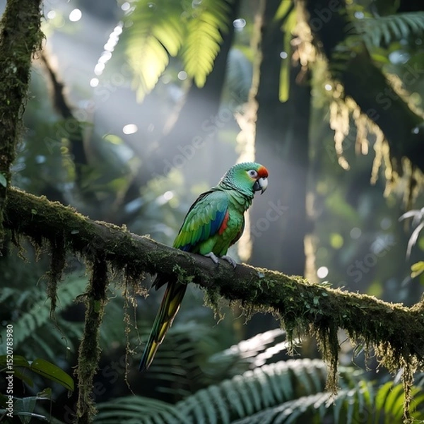 Fototapeta Radiant Red-Headed Parrot in Dappled Rainforest Light