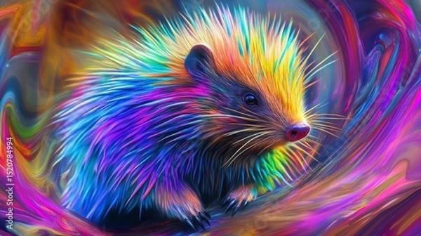 Fototapeta Colorful hedgehog with rainbow quills on abstract background.