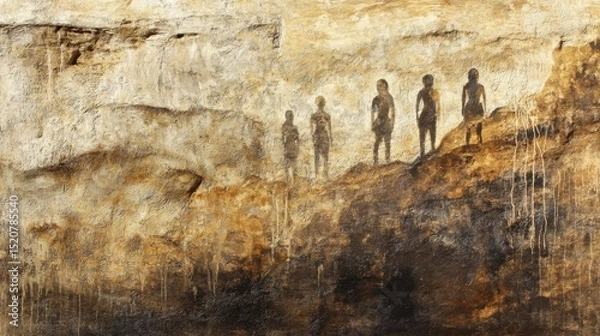 Fototapeta Group of figures stand on a cliff edge overlooking a landscape in brown tones.