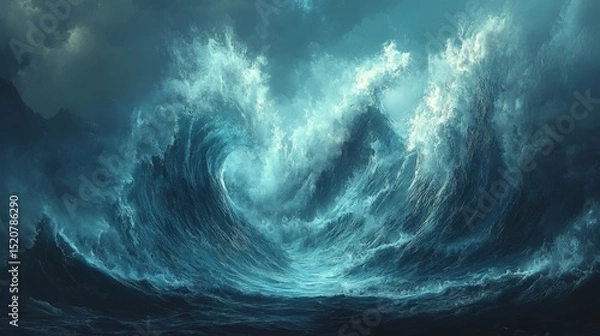 Fototapeta Large wave crests and breaks in the ocean under a cloudy sky.