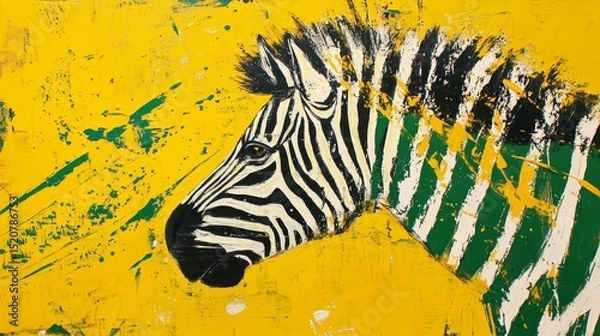 Fototapeta Zebra head with black and white stripes on yellow and green abstract background.