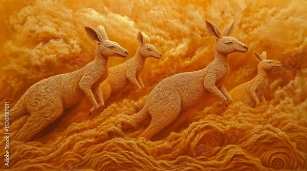 Fototapeta Kangaroos in a field with a blurred background in warm yellow and orange tones.