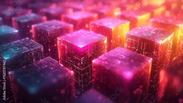 Obraz Vibrant abstract cubes illuminated in neon colors, creating a dynamic digital landscape, perfect for technology and innovation themes.