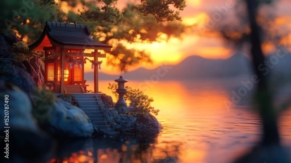 Fototapeta Japanese style building near water with sunset sky and mountain background.